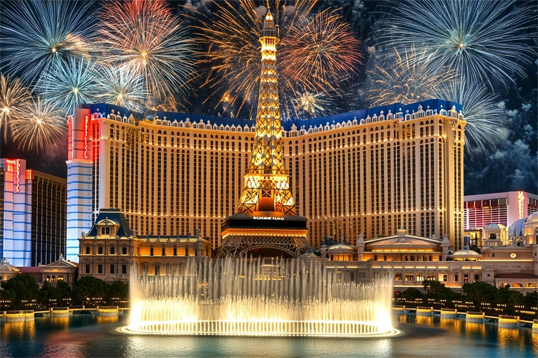 Toile de fond Photo Las Vegas Hôtel Paris Fontaine de Luxe Feux d’Artifice Étincelants CSH58-10