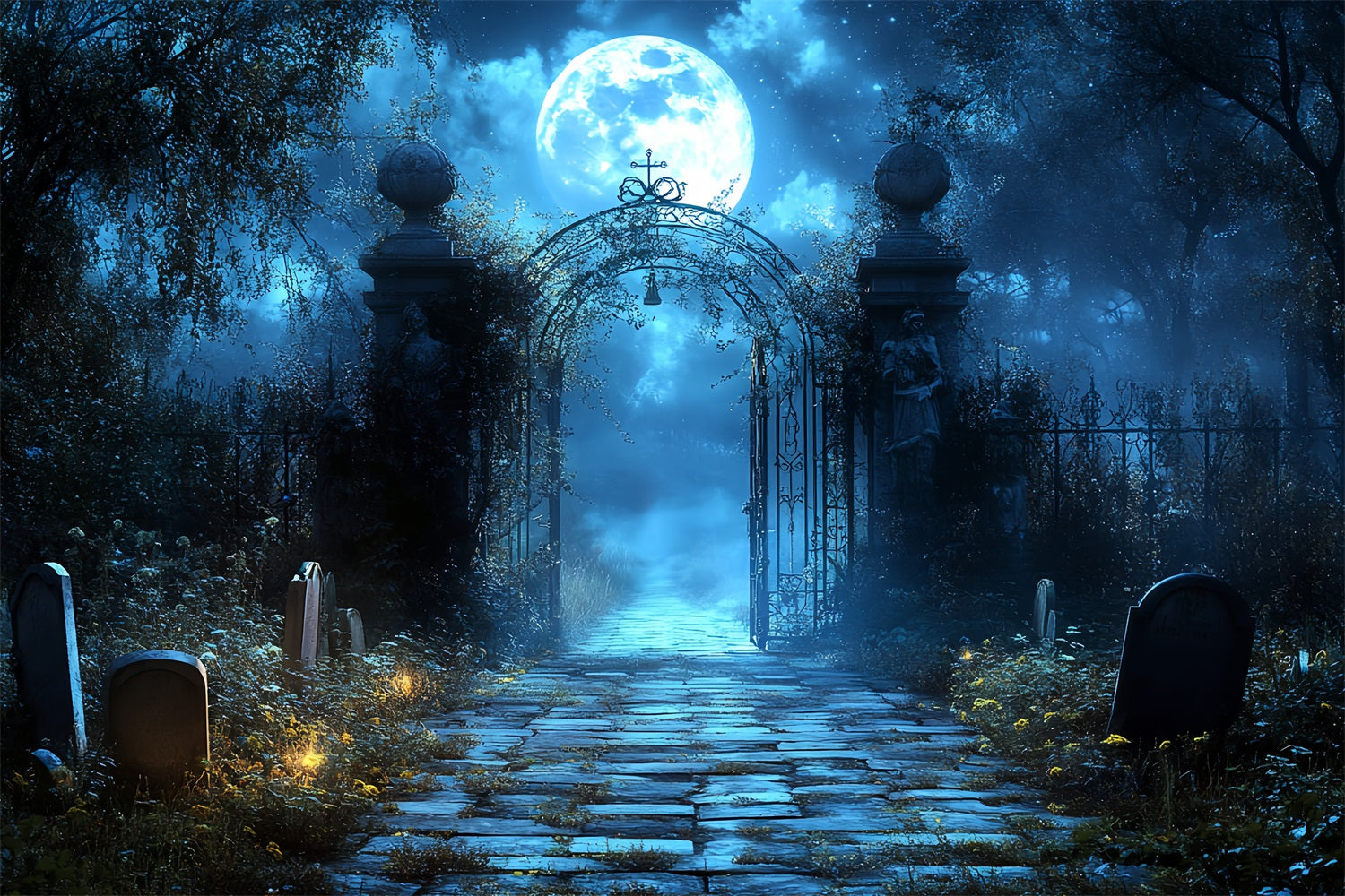 Fond Studio Halloween Lune Bleue Arche Cimetière CSH58-100