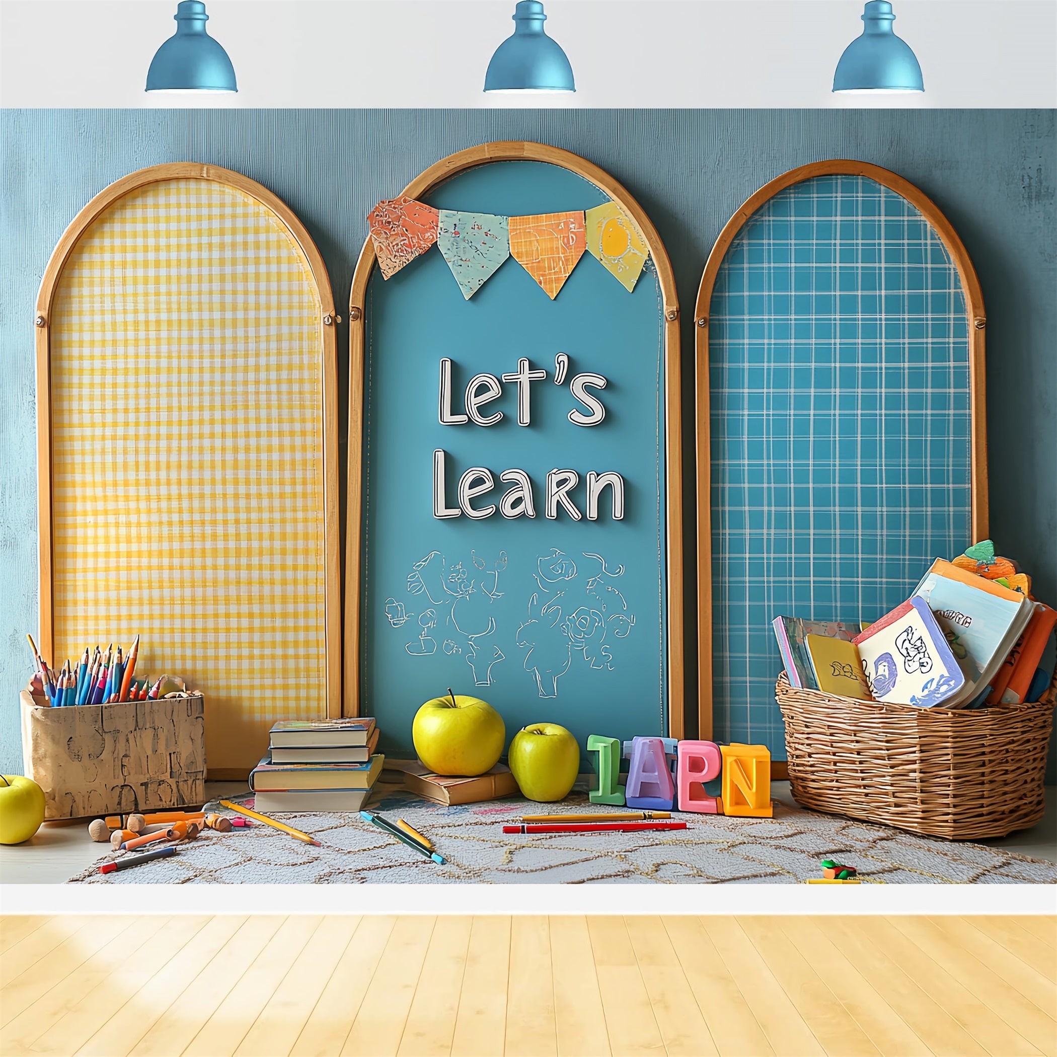Toile de fond Rentrée Scolaire Mise en Scène Fournitures Colorées CSH58-115