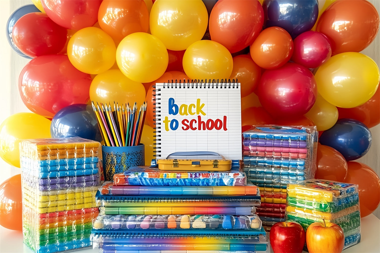 Toile de fond Retour à l'école Fournitures Ballons Arc-en-Ciel CSH58-116