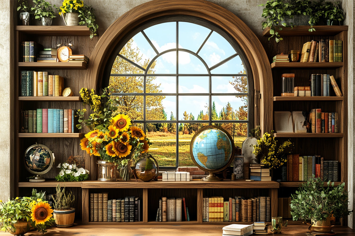 Toile de fond Retour à l'école Bibliothèque Tournesols Fenêtre Automne CSH58-117