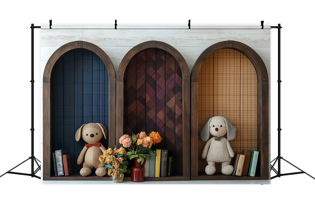 Toile de fond Rentrée Scolaire Bibliothèque Arche Peluches Livres CSH58-121