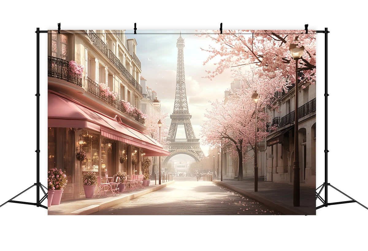 Toile de fond Tour Eiffel Printemps Romantique Rue Fleur Roses Café Paris CSH58-14