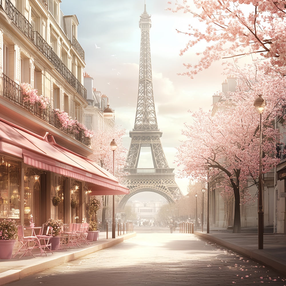 Toile de fond Tour Eiffel Printemps Romantique Rue Fleur Roses Café Paris CSH58-14
