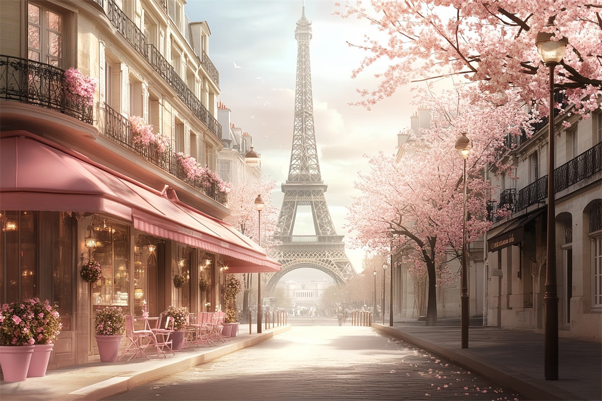 Toile de fond Tour Eiffel Printemps Romantique Rue Fleur Roses Café Paris CSH58-14