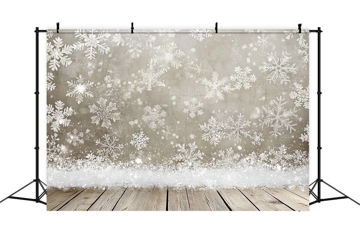Toile de fond Hiver Flocons Argentés et Sol en Bois Rustique Neige d’Hiver CSH58-18