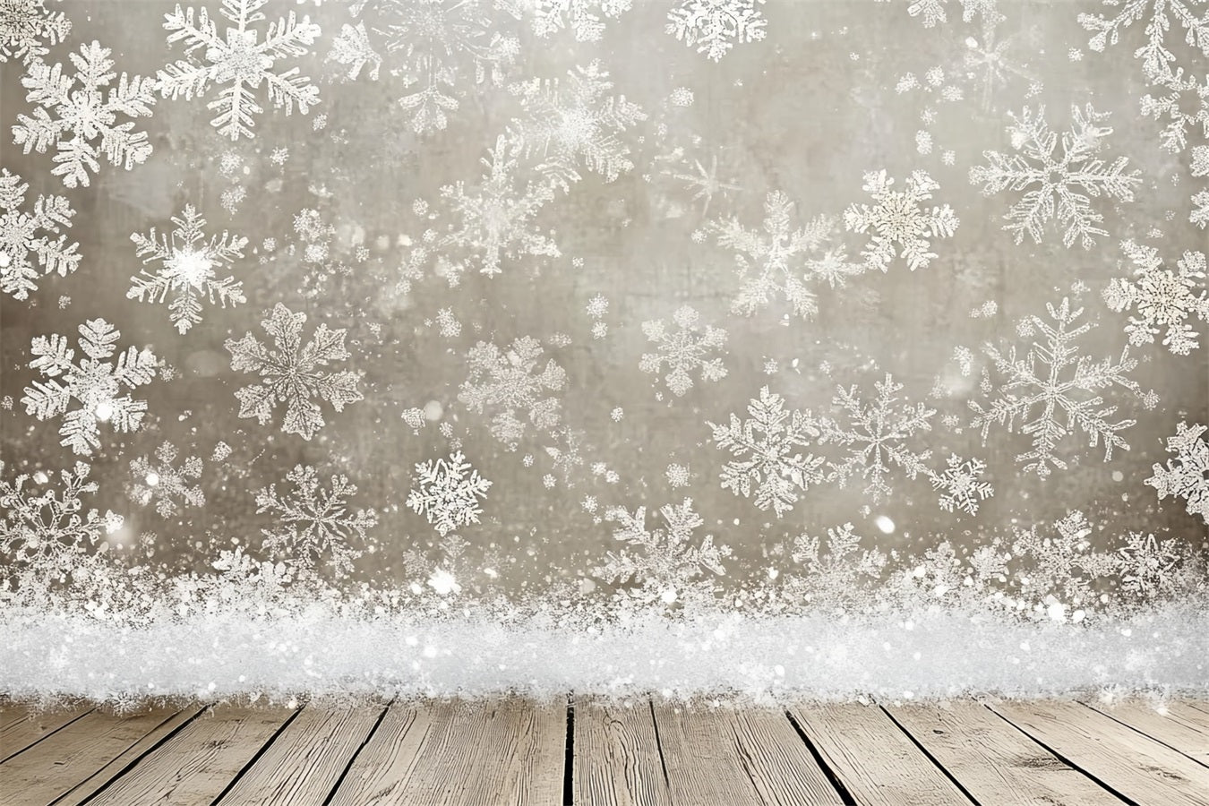 Toile de fond Hiver Flocons Argentés et Sol en Bois Rustique Neige d’Hiver CSH58-18