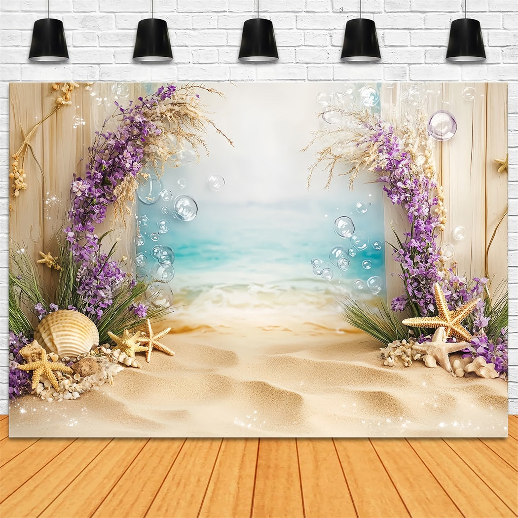 Toile de fond Océan d'Été Coquillages Étoiles de Mer Fleurs Plage CSH58-212