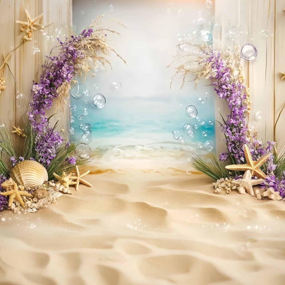 Toile de fond Océan d'Été Coquillages Étoiles de Mer Fleurs Plage CSH58-212