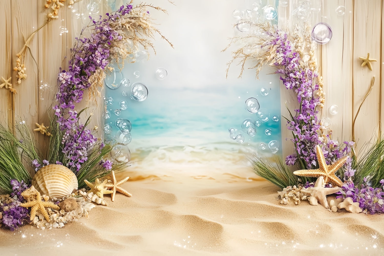 Toile de fond Océan d'Été Coquillages Étoiles de Mer Fleurs Plage CSH58-212