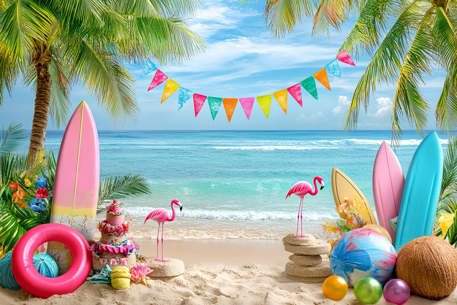 Toile de fond Océan d'Été Plage Flamant Rose Coloré CSH58-216