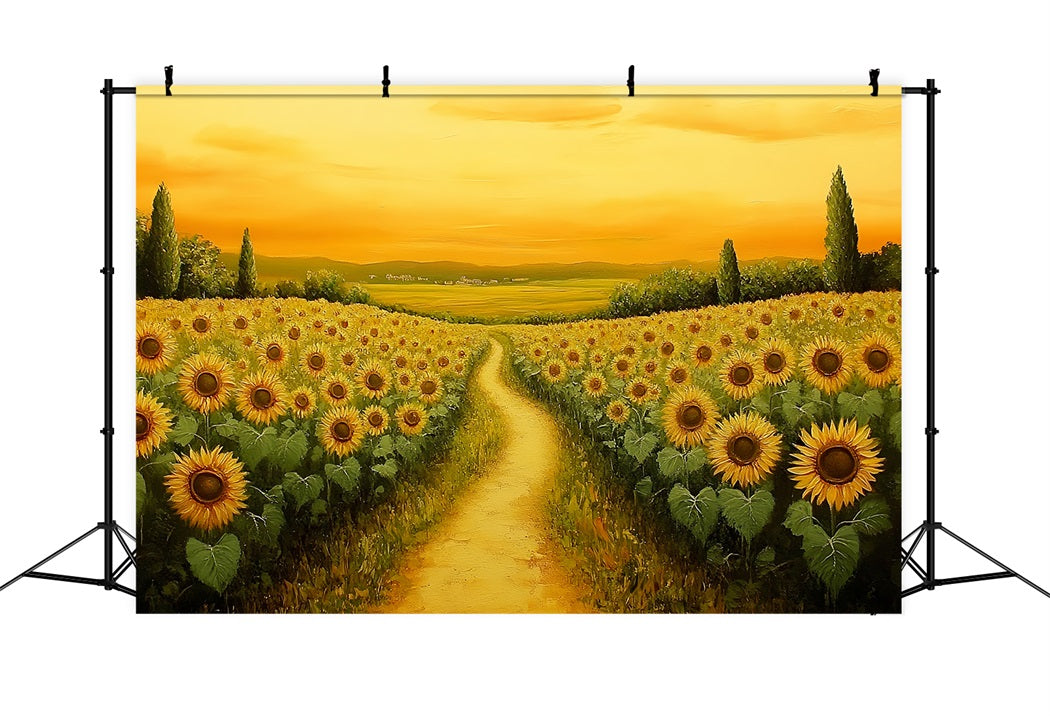 Toile de fond Tournesol d’Automne Coucher de Soleil Doré Sentier de Tournesols CSH58-218