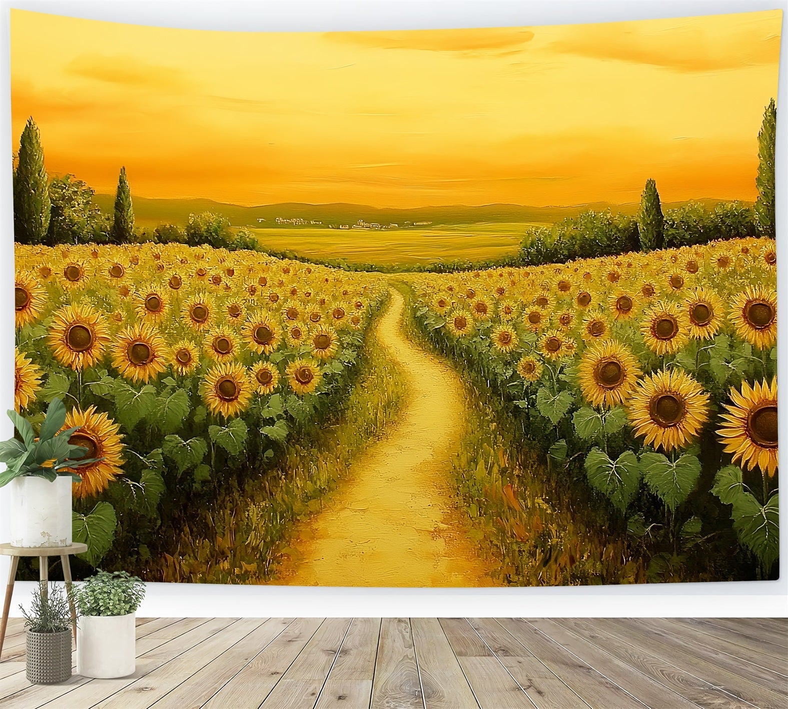 Toile de fond Tournesol d’Automne Coucher de Soleil Doré Sentier de Tournesols CSH58-218