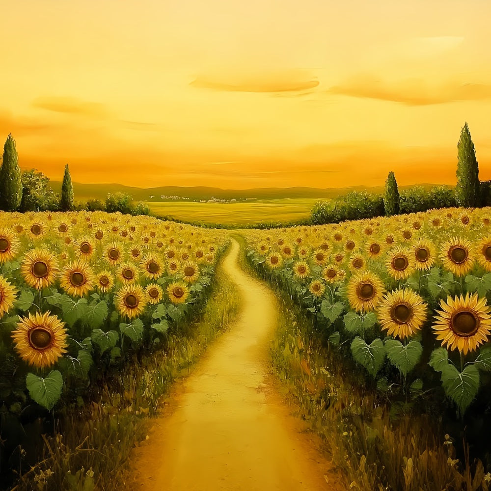 Toile de fond Tournesol d’Automne Coucher de Soleil Doré Sentier de Tournesols CSH58-218