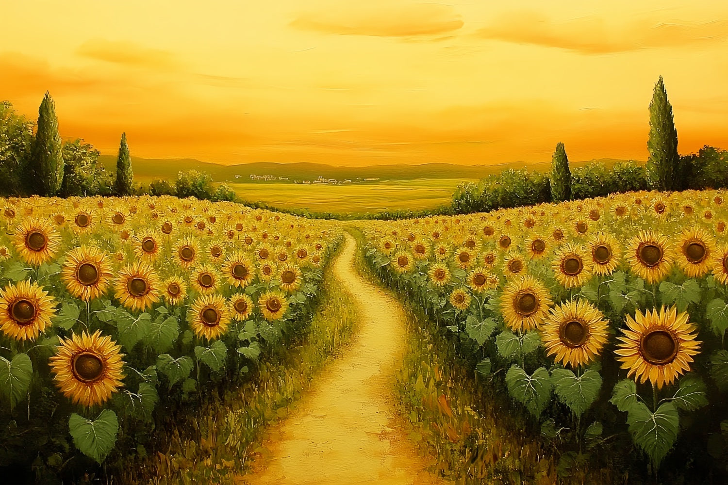 Toile de fond Tournesol d’Automne Coucher de Soleil Doré Sentier de Tournesols CSH58-218