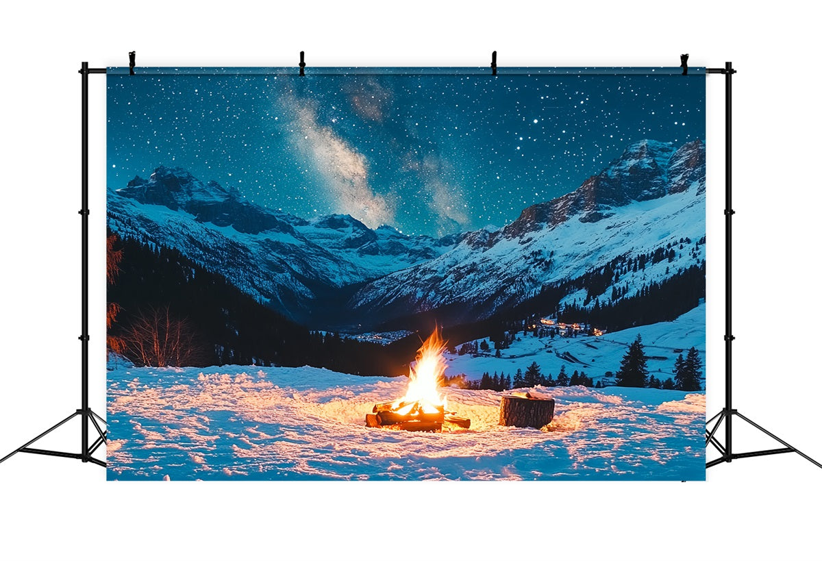 Toile de fond Hiver Montagne Nuit Alpine Étoilée avec Feu de Camp CSH58-22