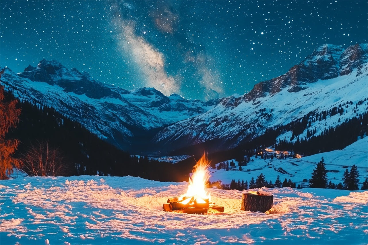 Toile de fond Hiver Montagne Nuit Alpine Étoilée avec Feu de Camp CSH58-22