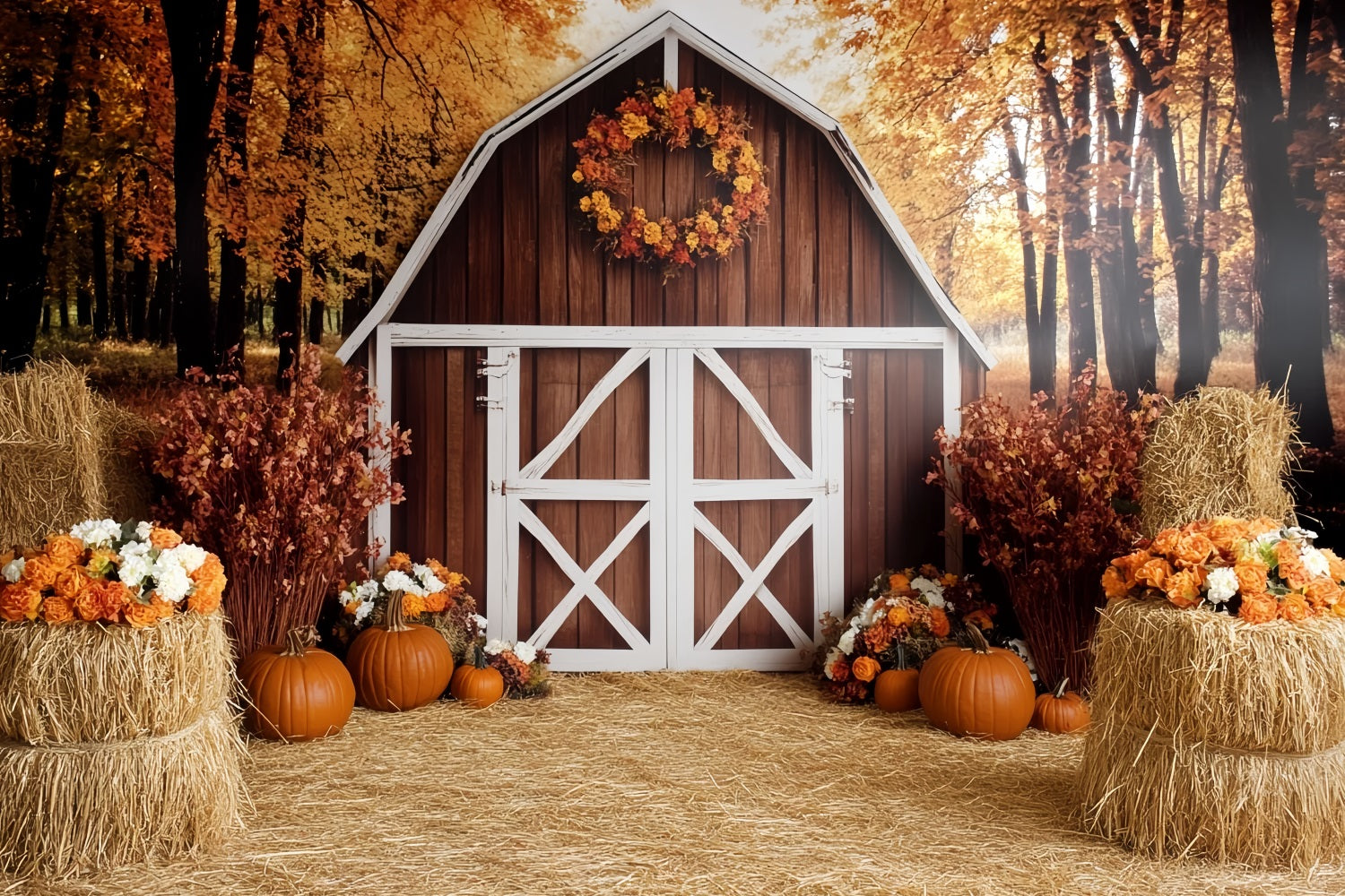 Toile de fond Automne Rustique Grange Rustique Récolte de Citrouilles CSH58-222