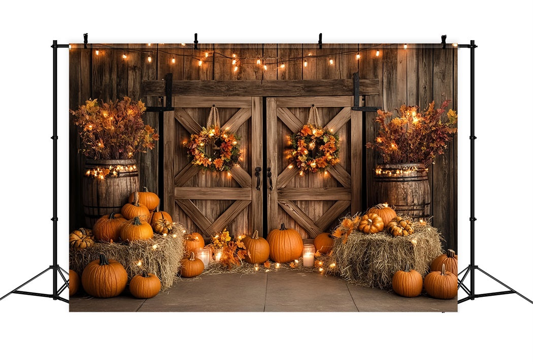 Toile de fond Automne Rustique Porte en Bois Lumières Citrouilles CSH58-224