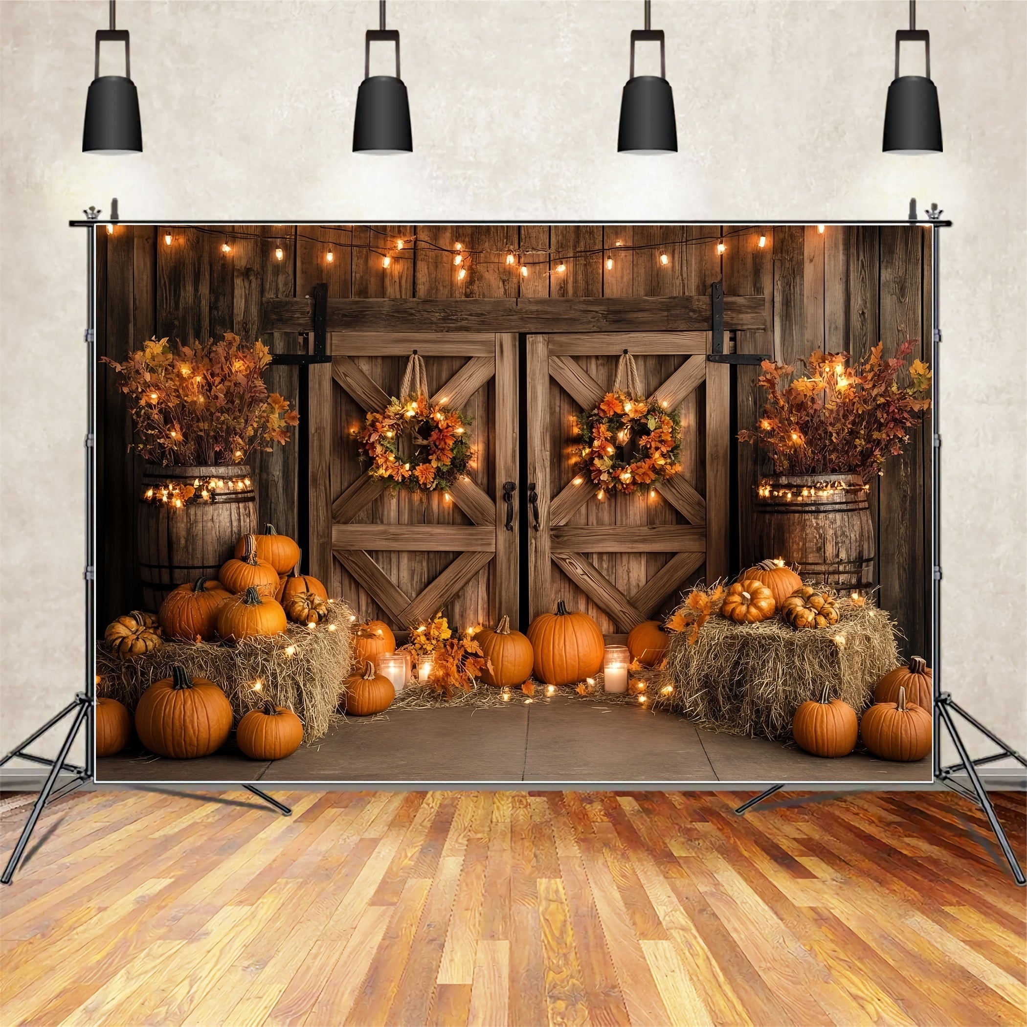 Toile de fond Automne Rustique Porte en Bois Lumières Citrouilles CSH58-224