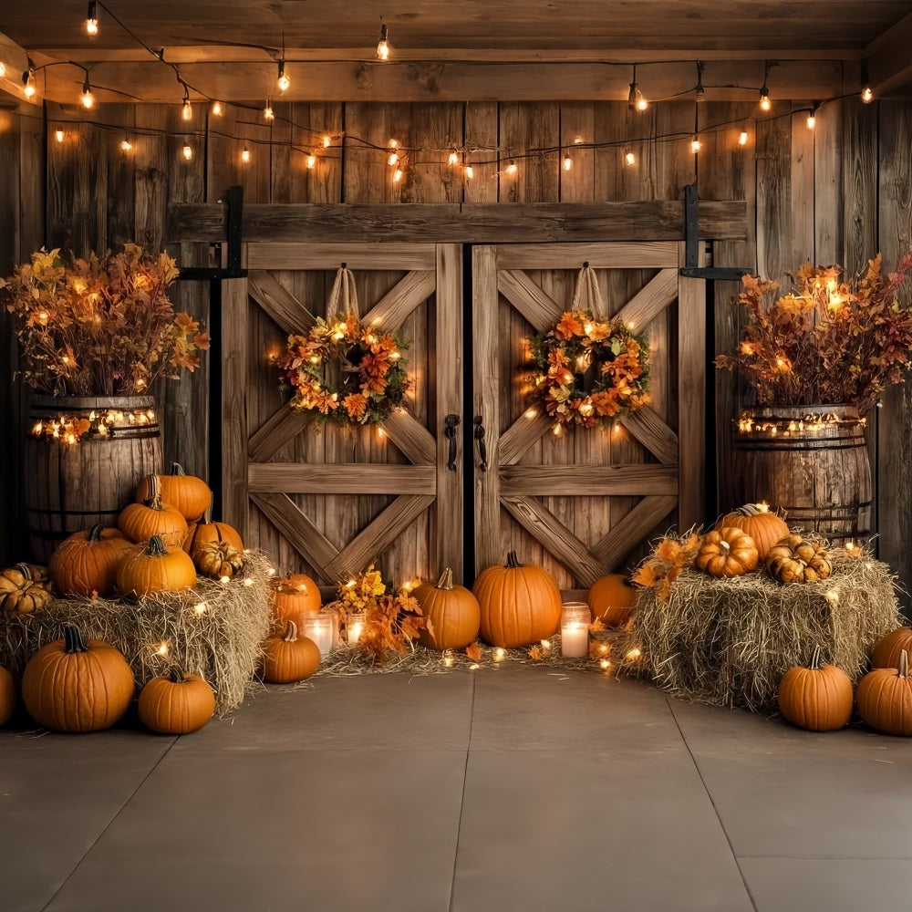 Toile de fond Automne Rustique Porte en Bois Lumières Citrouilles CSH58-224