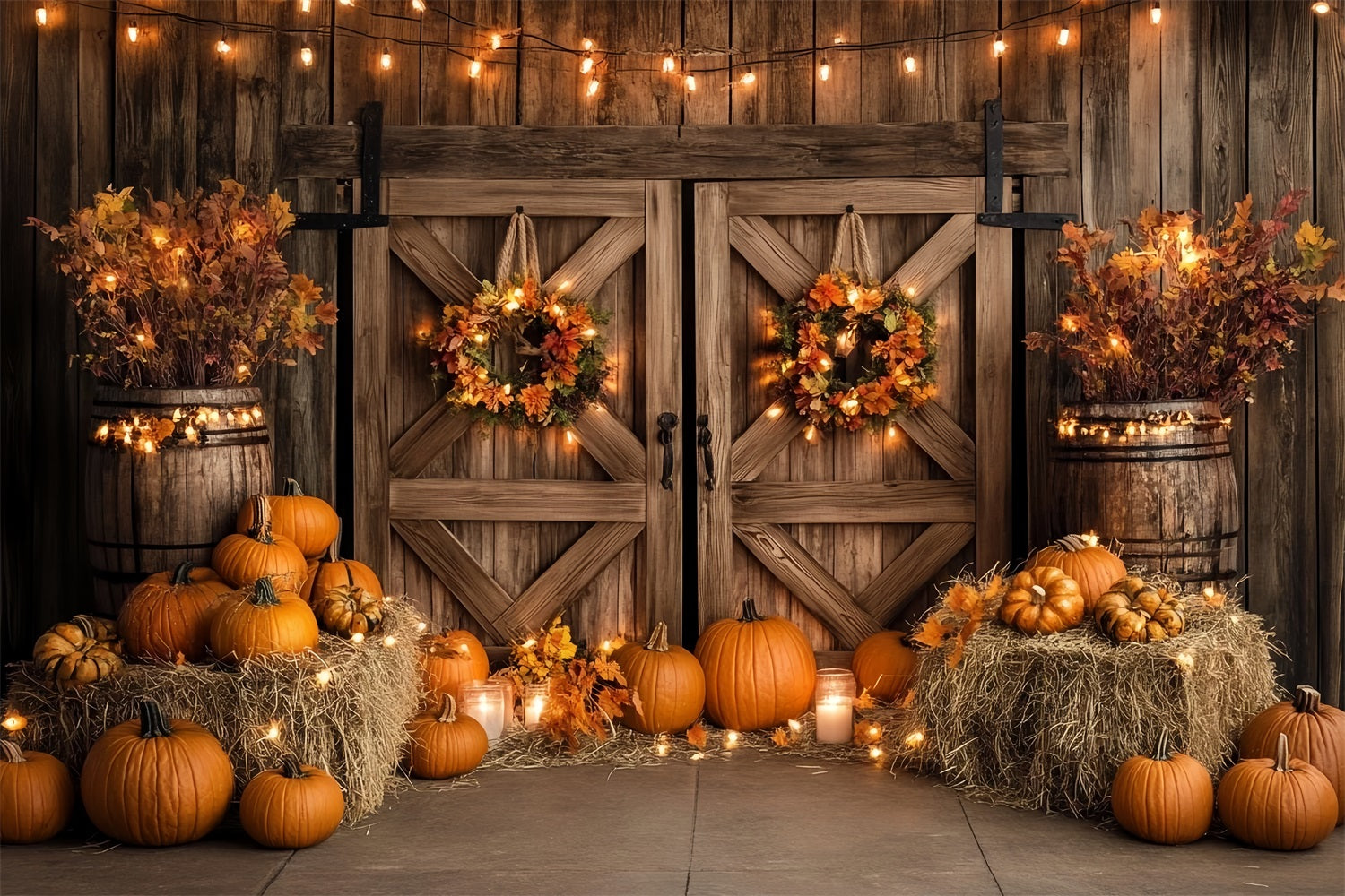 Toile de fond Automne Rustique Porte en Bois Lumières Citrouilles CSH58-224