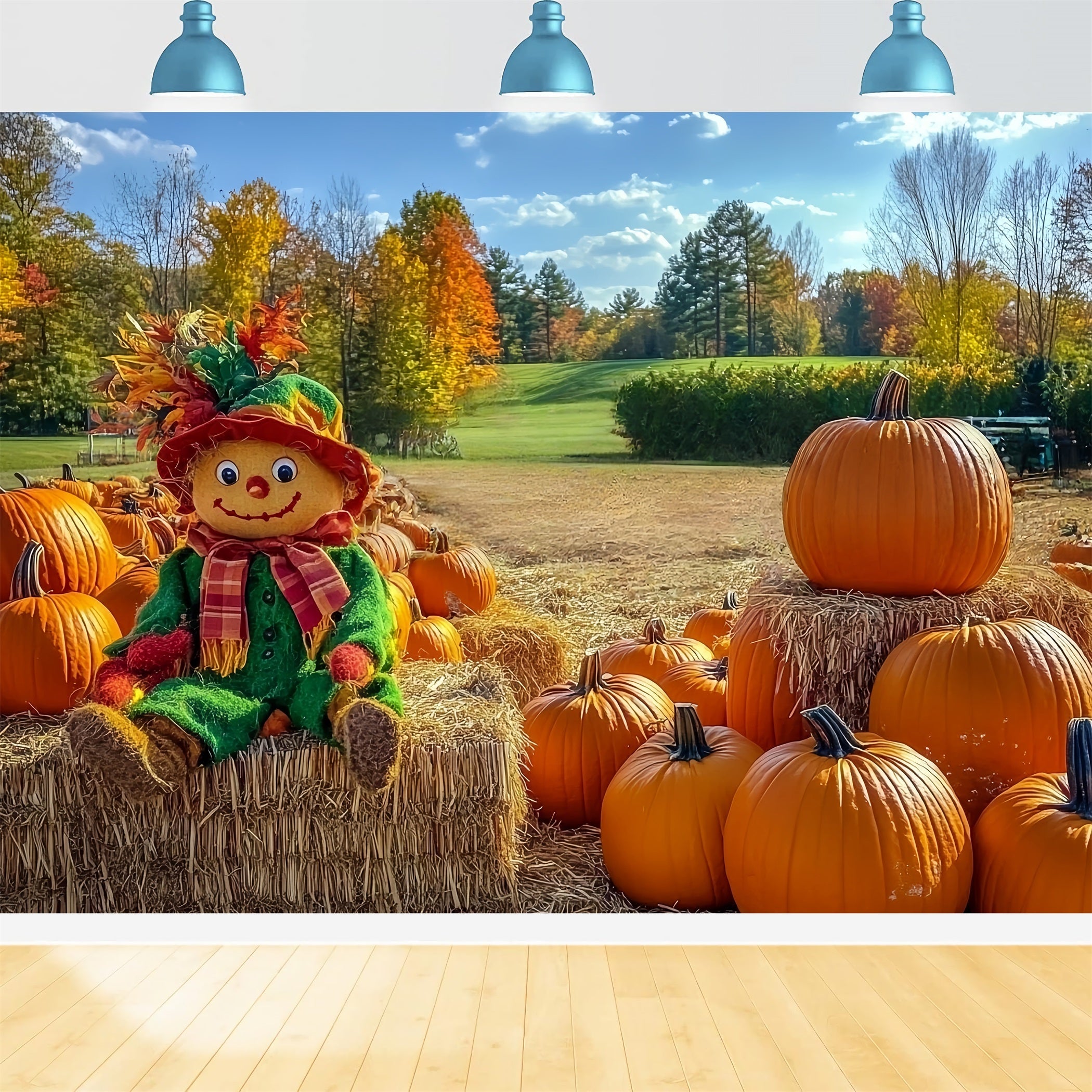 Toile de fond Automne Rustique Épouvantail Champ de Citrouilles CSH58-225