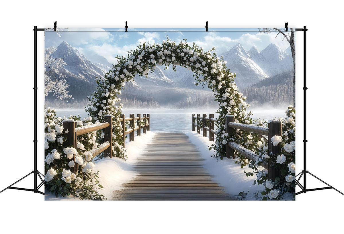 Toile de fond Hiver Montagne Arche de Roses Enneigée au Bord du Lac CSH58-23