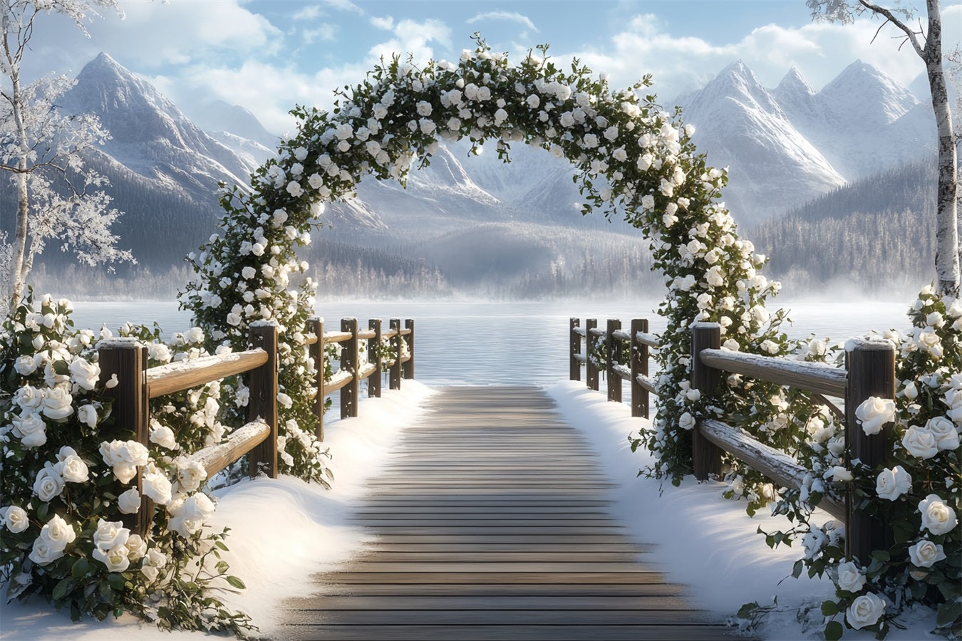 Toile de fond Hiver Montagne Arche de Roses Enneigée au Bord du Lac CSH58-23