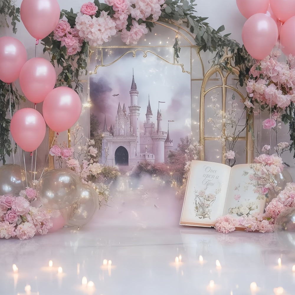 Toile de fond Il Était une Fois Château Rose Ballons Livre de Rêve CSH58-236