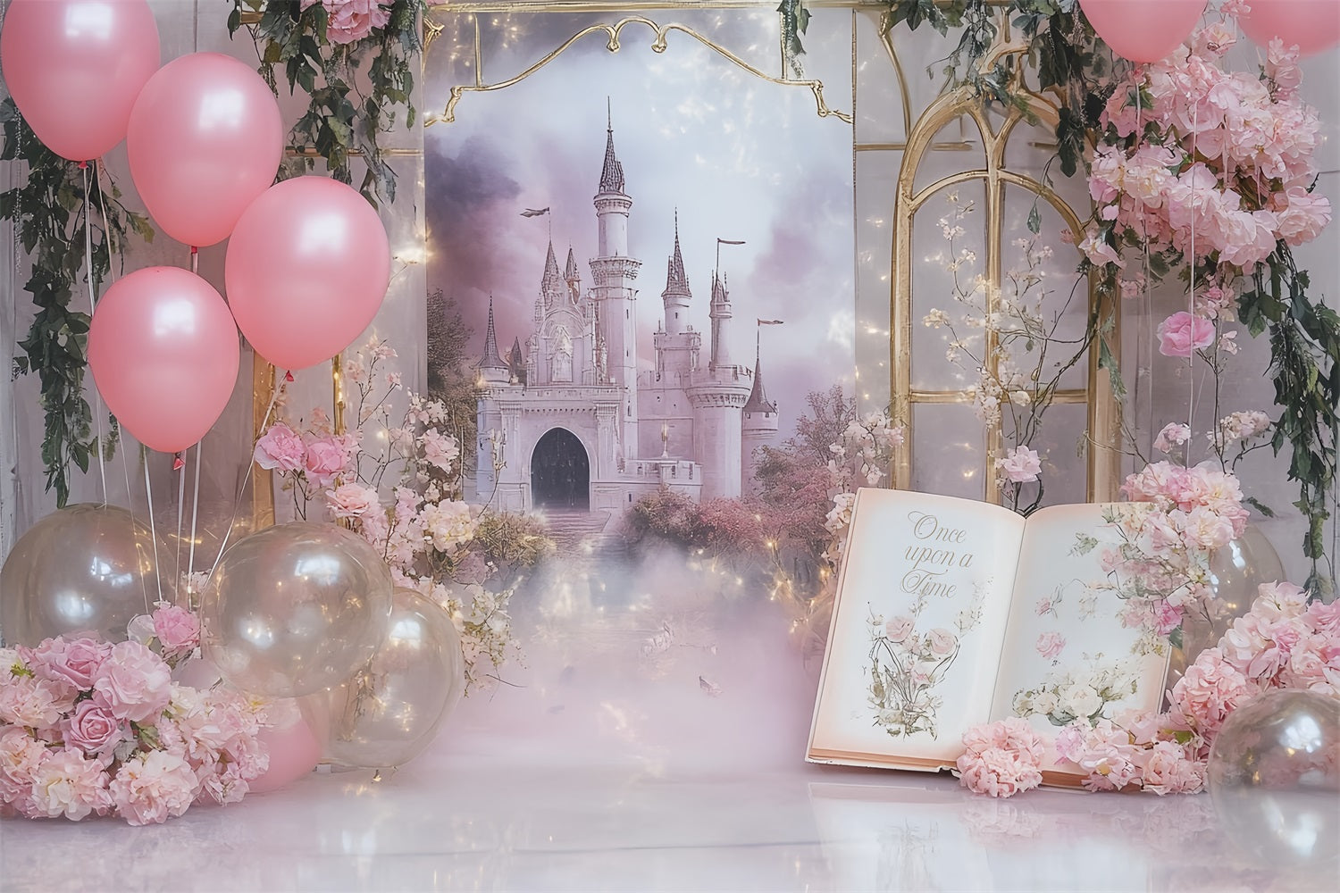 Toile de fond Il Était une Fois Château Rose Ballons Livre de Rêve CSH58-236