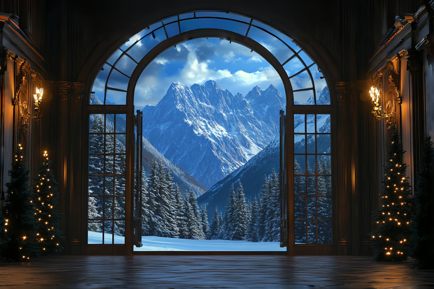 Toile de fond Hiver Montagne Vue du Grand Hall vers Sommets Enneigés CSH58-24