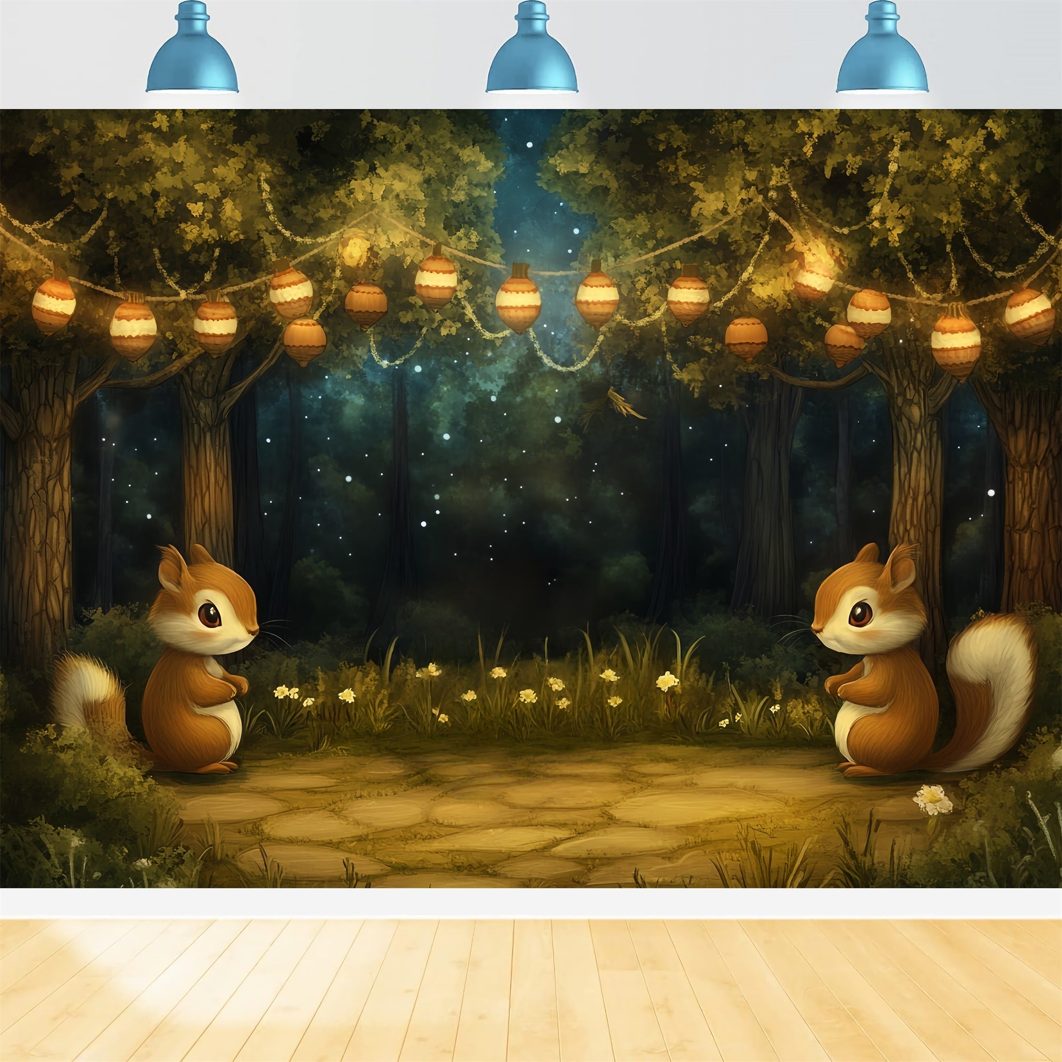 Toile de fond Nouveau-né Mignon Écureuil Forêt Lanterne Nuit CSH58-240