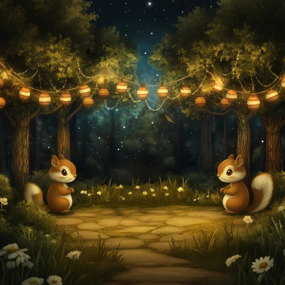 Toile de fond Nouveau-né Mignon Écureuil Forêt Lanterne Nuit CSH58-240