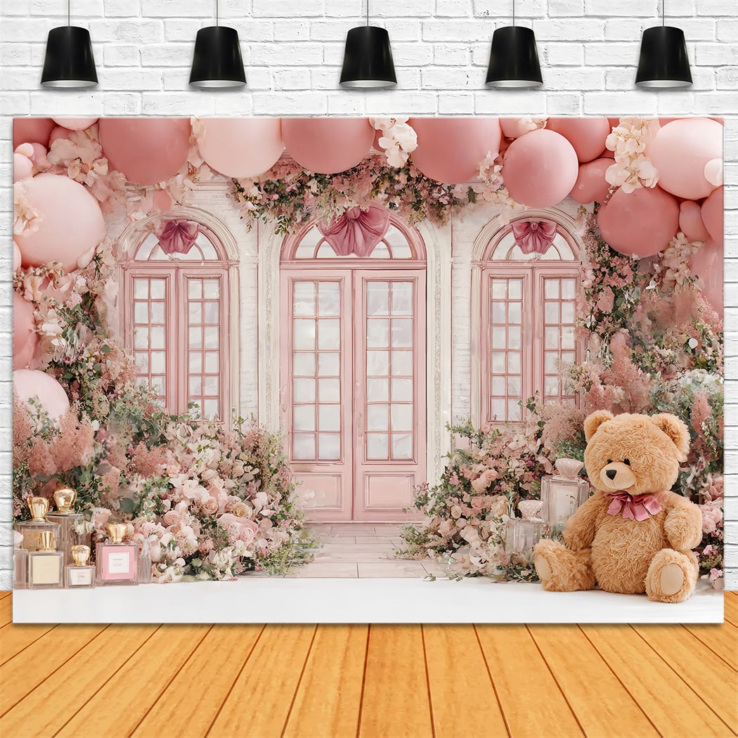 Toile de fond Enfant Mignon Nounours Rose Boutique Ballons Floraux CSH58-241