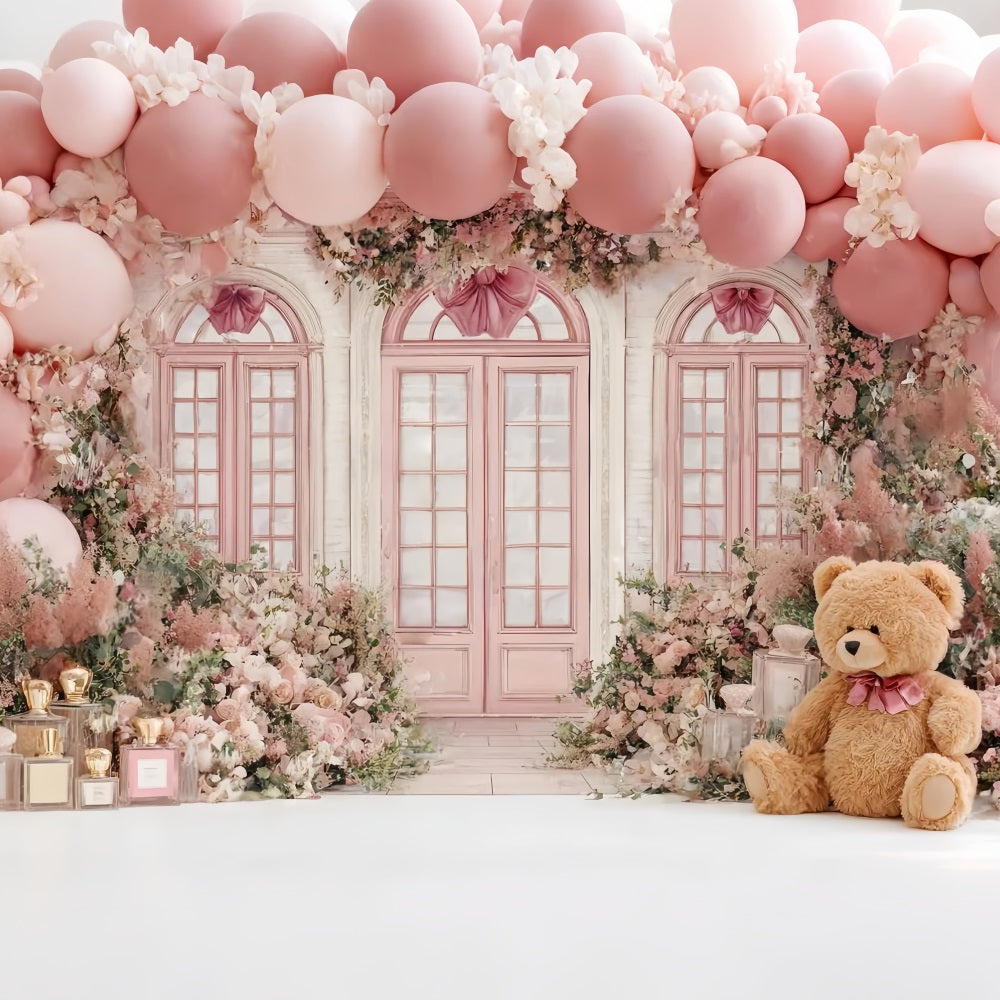 Toile de fond Enfant Mignon Nounours Rose Boutique Ballons Floraux CSH58-241