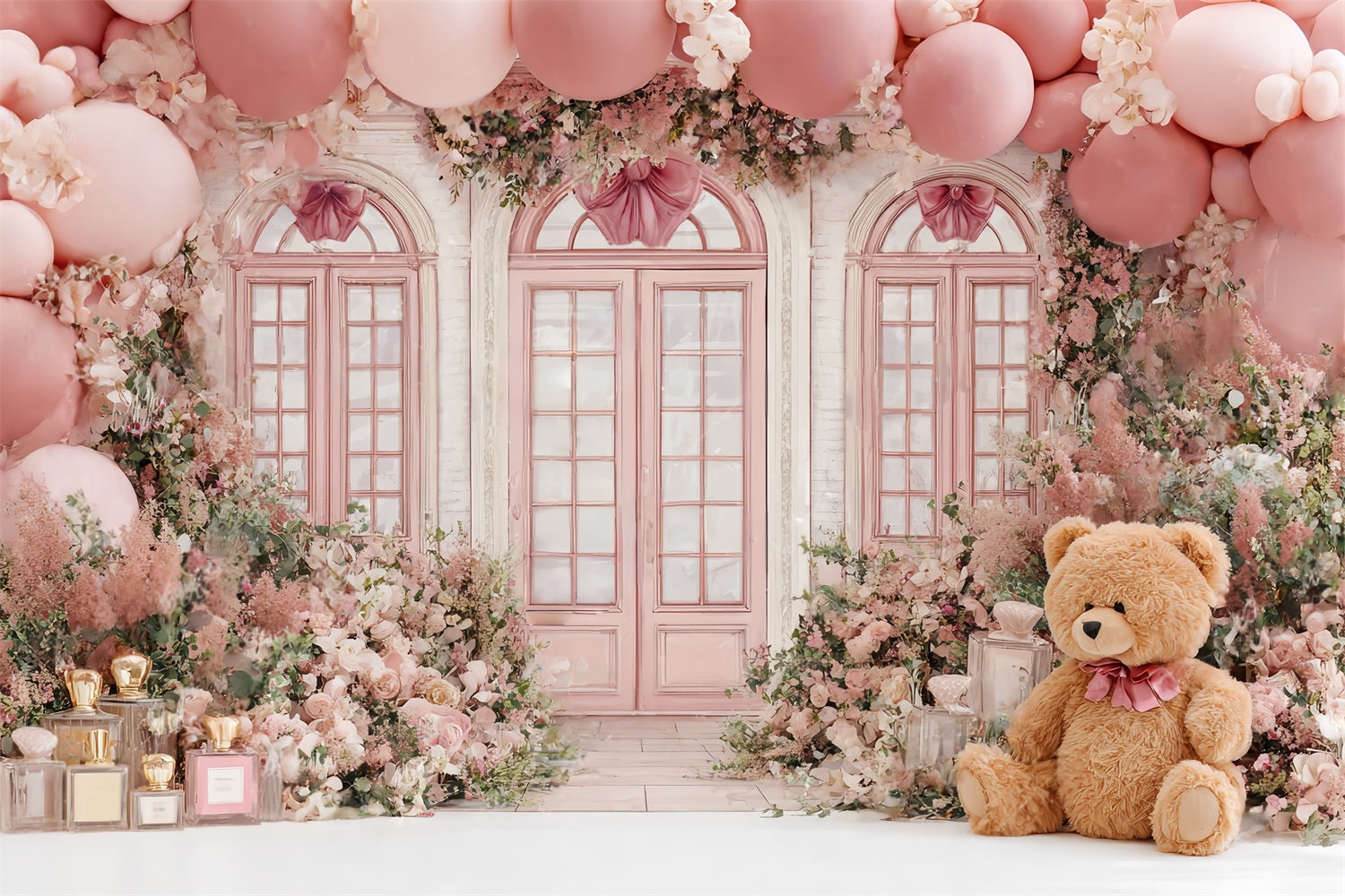 Toile de fond Enfant Mignon Nounours Rose Boutique Ballons Floraux CSH58-241