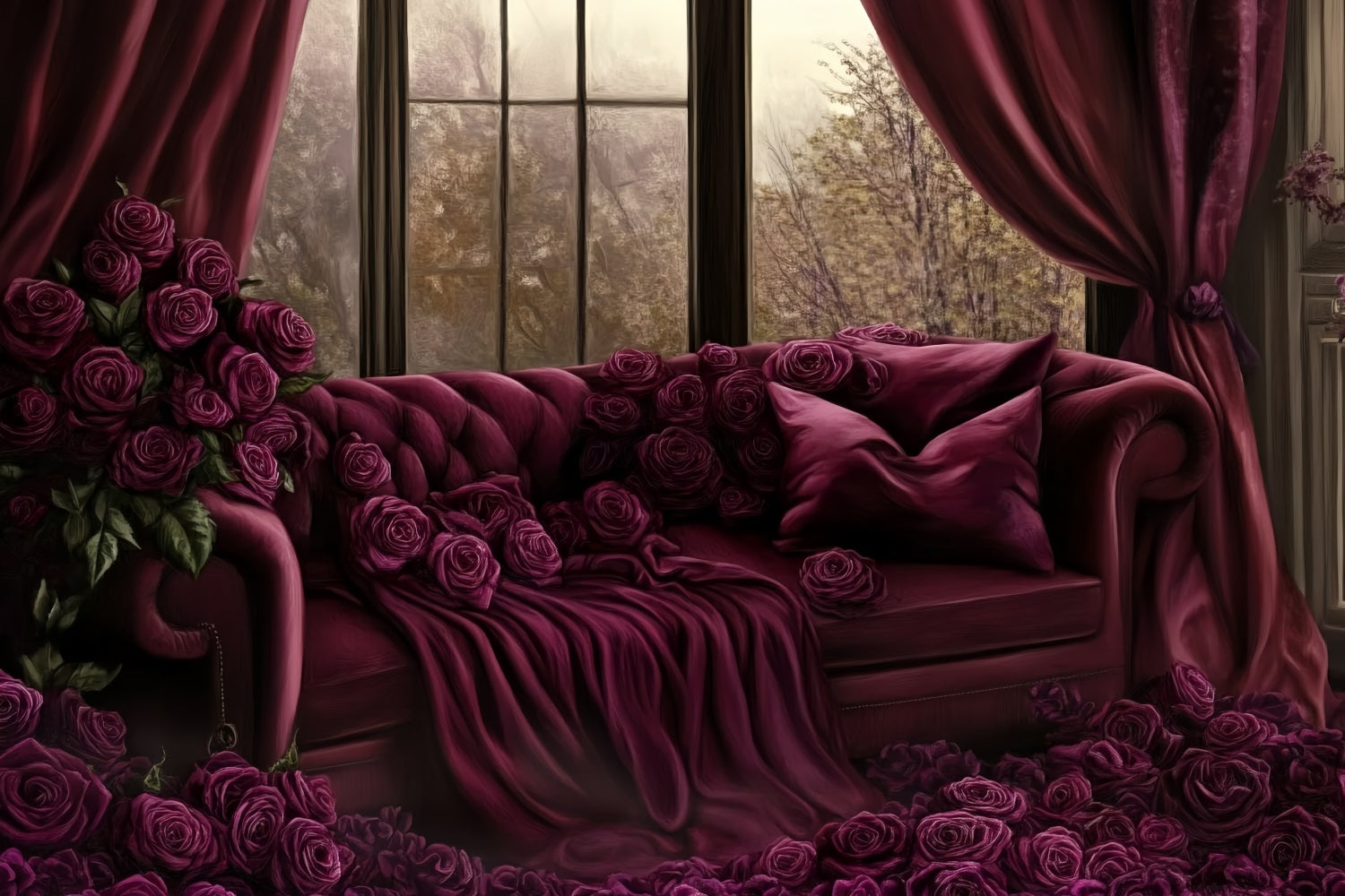 Toile de fond Boudoir Canapé Velours Roses Bourgogne CSH58-247