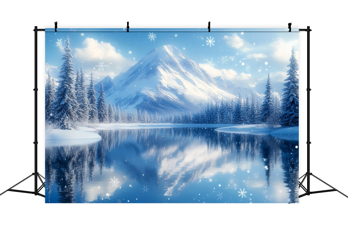 Toile de fond Hiver Montagne Lac Enneigé avec Chute de Flocons CSH58-25