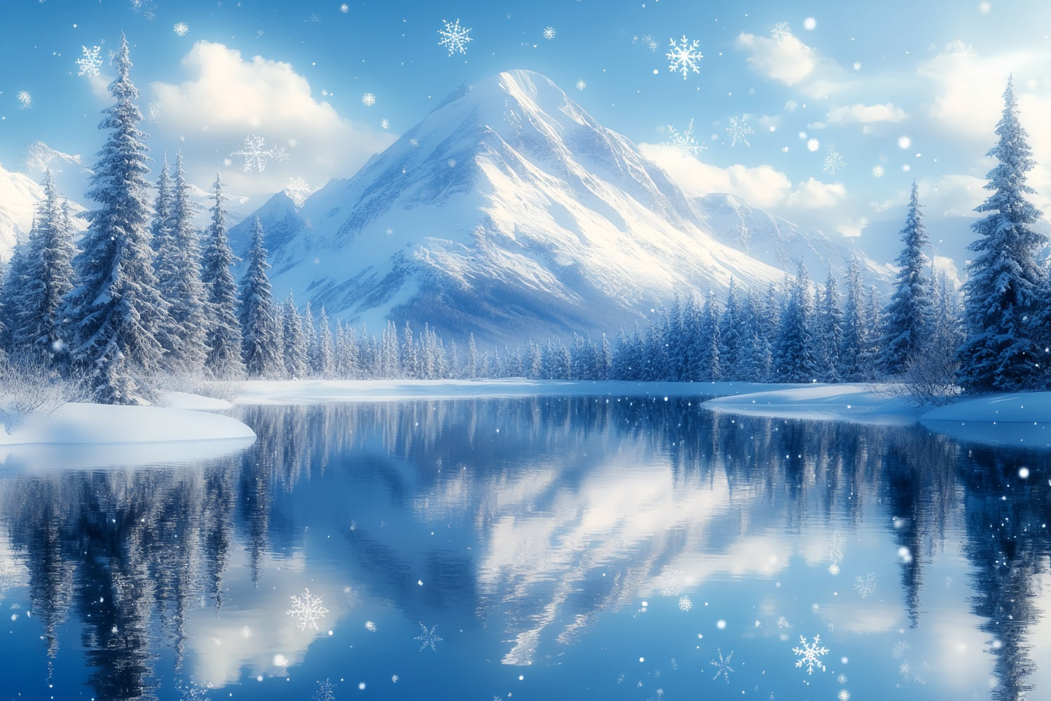 Toile de fond Hiver Montagne Lac Enneigé avec Chute de Flocons CSH58-25
