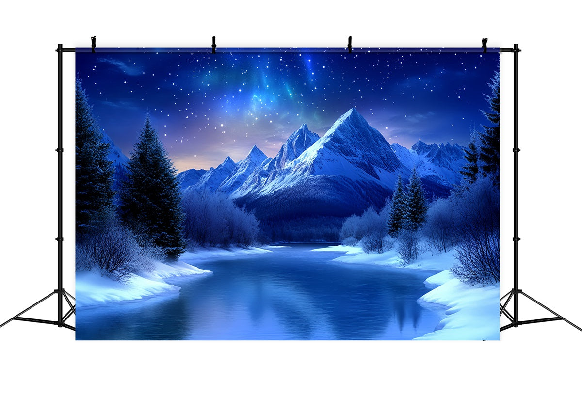 Toile de fond Hiver Montagne Nuit Étoilée sur Rivière Gelée CSH58-26
