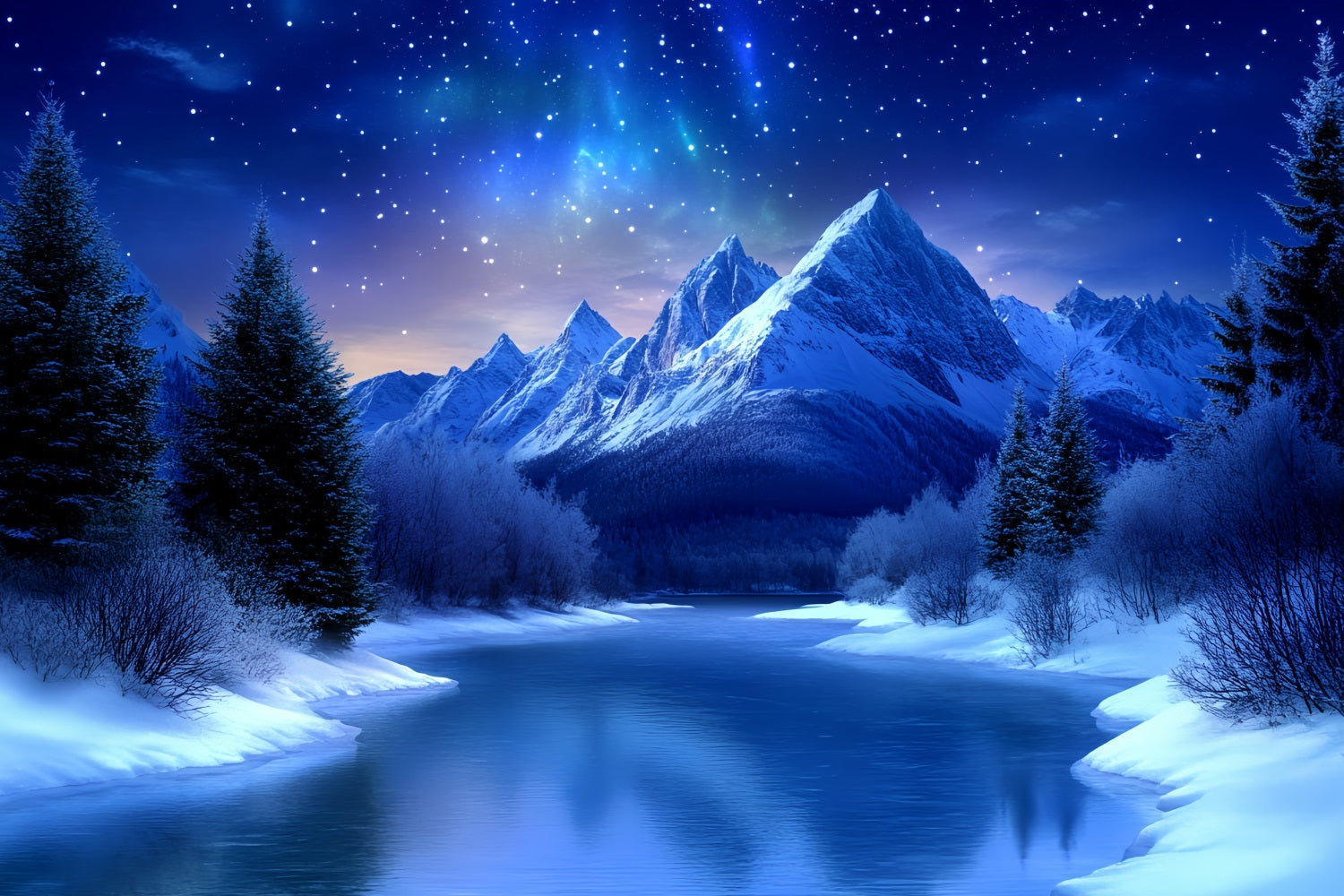 Toile de fond Hiver Montagne Nuit Étoilée sur Rivière Gelée CSH58-26