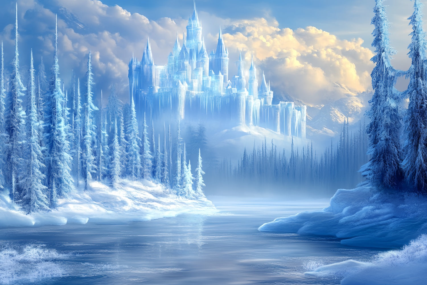 Toile de fond Hiver Forêt de Pins Gelée avec Château de Glace Cristallin CSH58-28