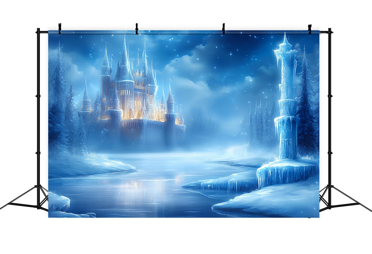 Toile de fond Hiver Forteresse Hivernale Lumineuse au Bord de la Rivière Gelée CSH58-29