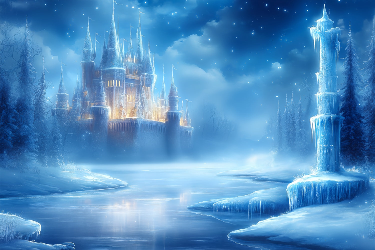 Toile de fond Hiver Forteresse Hivernale Lumineuse au Bord de la Rivière Gelée CSH58-29