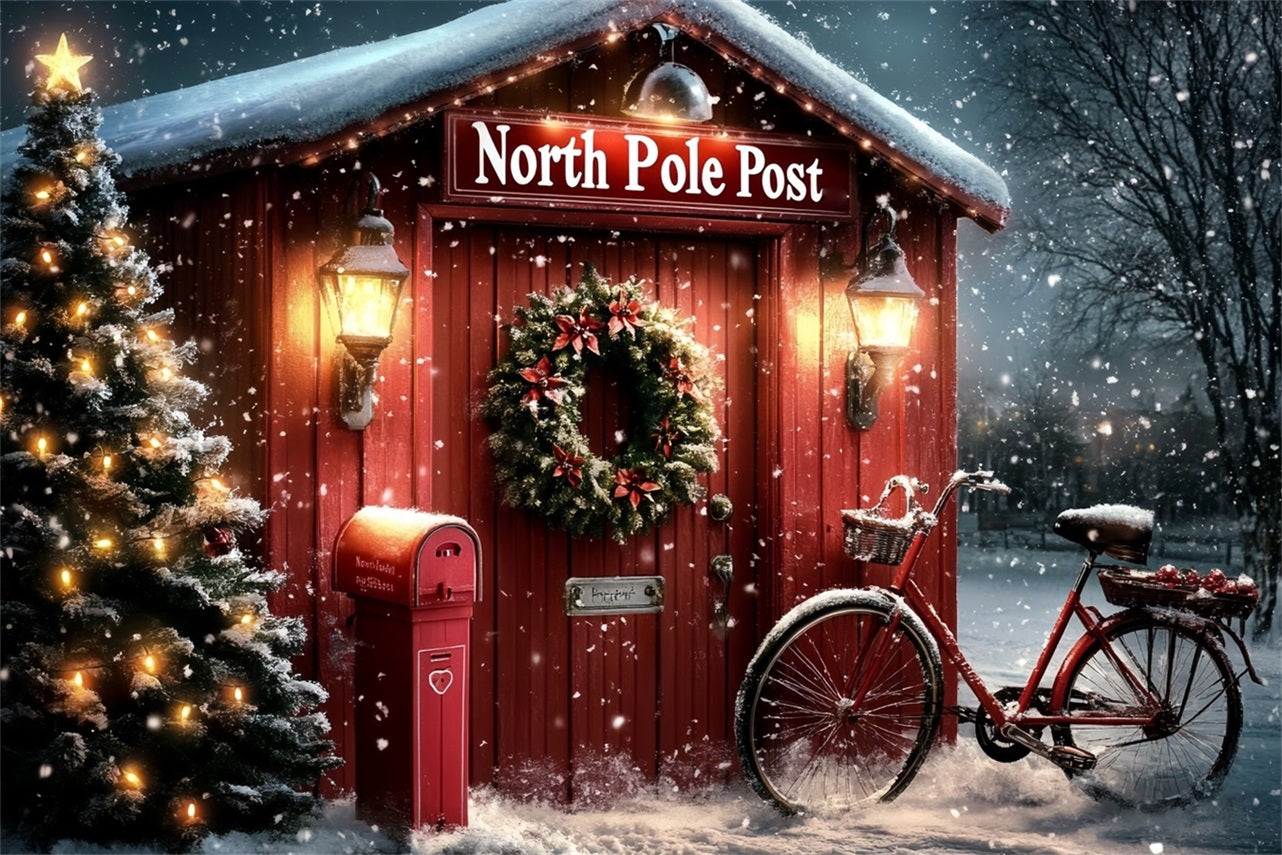 Toile de fond Hiver Pôle Nord Bureau de Poste Rouge avec Couronne CSH58-34
