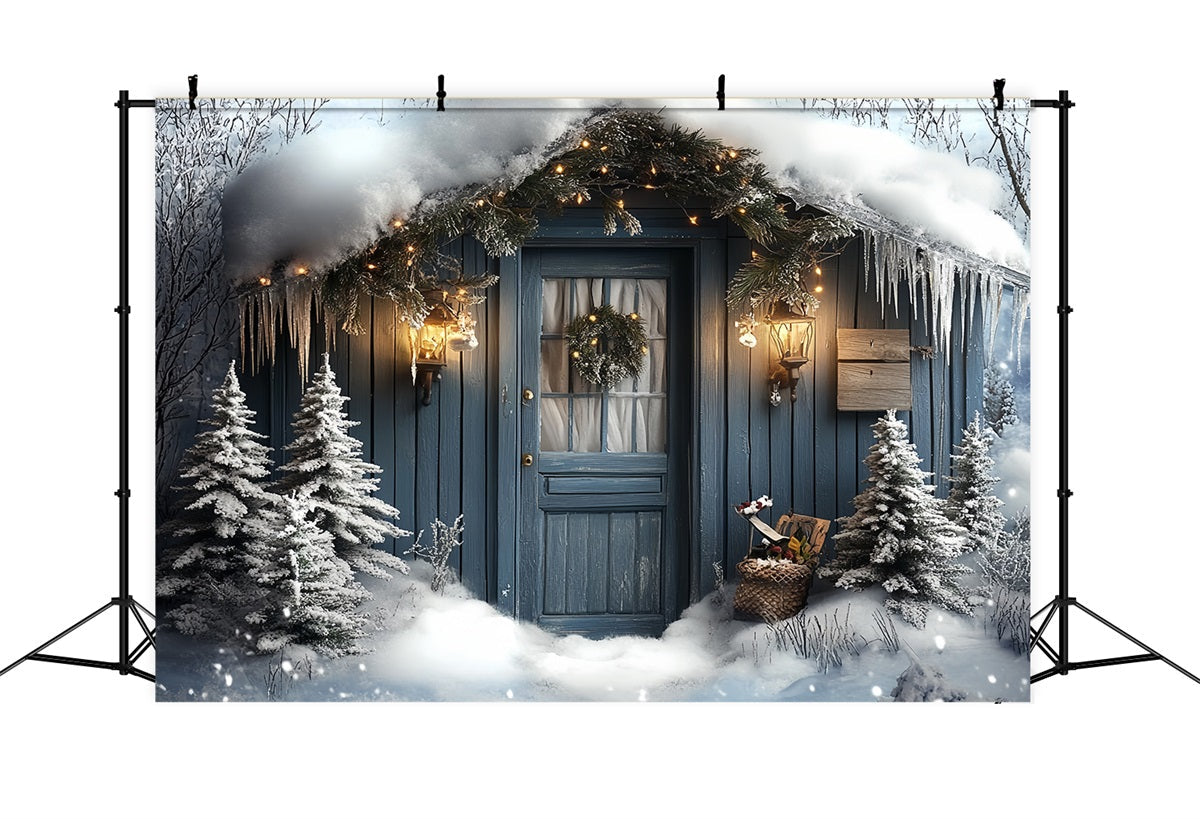 Toile de fond Hiver Pôle Nord Porte de Cabane Enneigée à Lueur de Lanterne CSH58-37