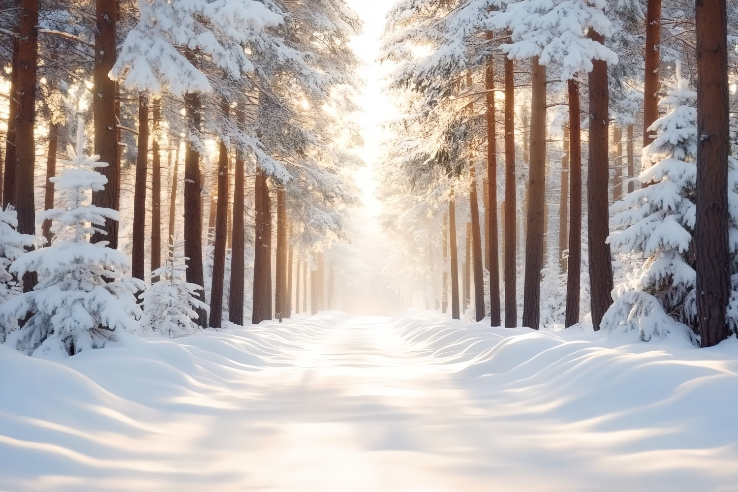 Toile de fond Photo Hiver Forêt Droite Enneigée Contre-jour Soleil Chaleureux CSH58-41