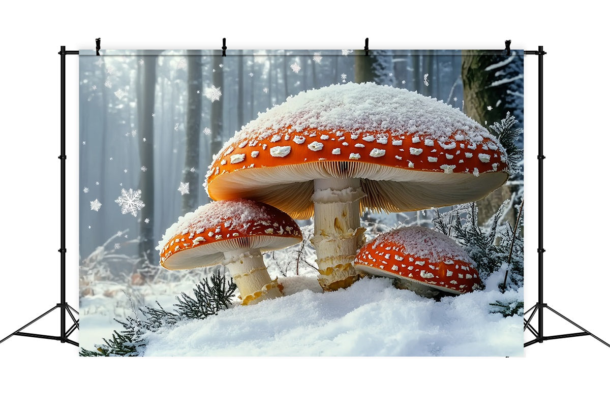 Toile de fond Photo Hiver Forêt de Conte de Fées Chute de Neige Champignon Rouge Géant CSH58-43