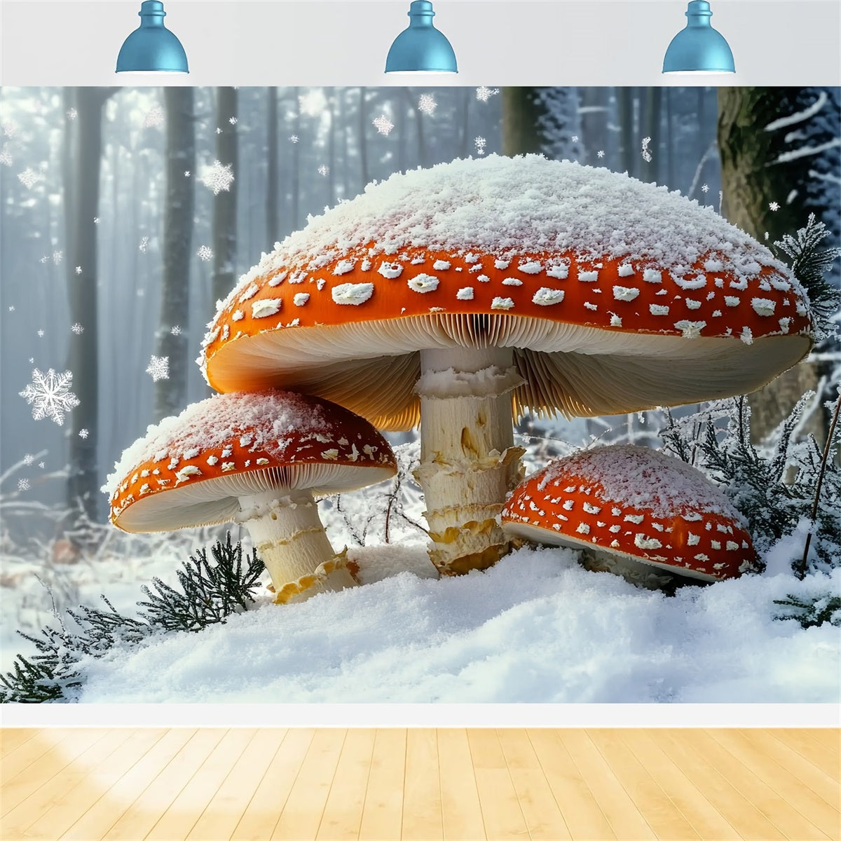Toile de fond Photo Hiver Forêt de Conte de Fées Chute de Neige Champignon Rouge Géant CSH58-43